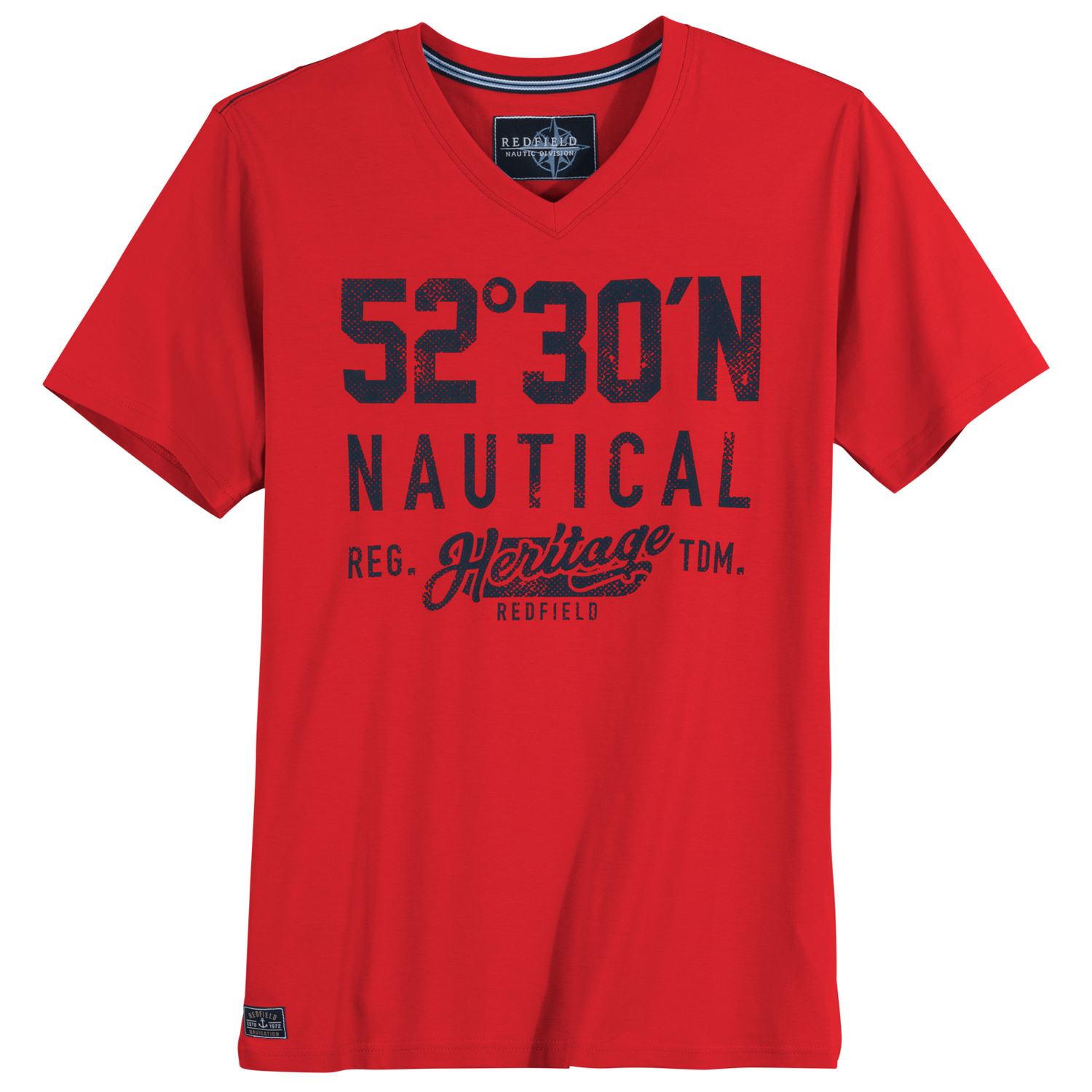 Rotes T-Shirt mit V-Ausschnitt und Frontaufdruck von Redfield in großen Größen 3XL bis 10XL