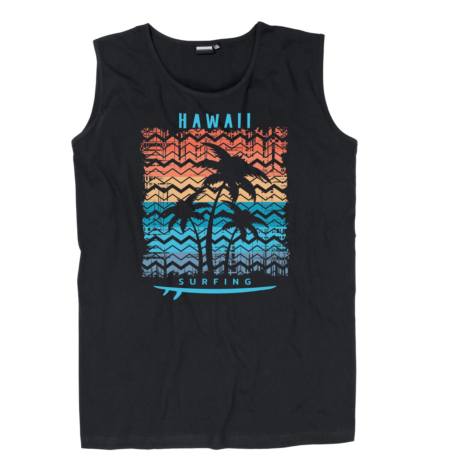 Printed muscle shirt from ADAMO in black in sizes 2XL-12XL series "Hawaii"